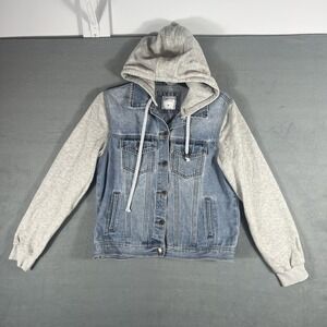 BLUESTEEL Women's M Hooded Denim Jacket Light Wash Blue Gray Hoodie Sleeves